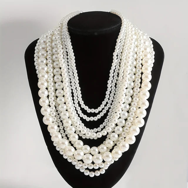 Exaggerated Elegent Multilayer Faux Pearl Crystal Necklace