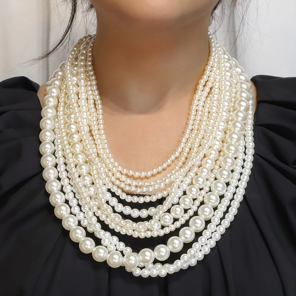 Exaggerated Elegent Multilayer Faux Pearl Crystal Necklace
