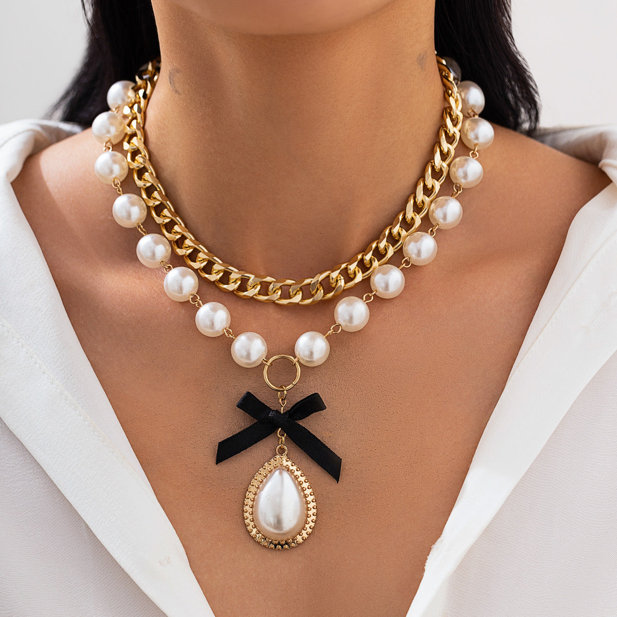 Fashionable alloy bead multi-layer necklace