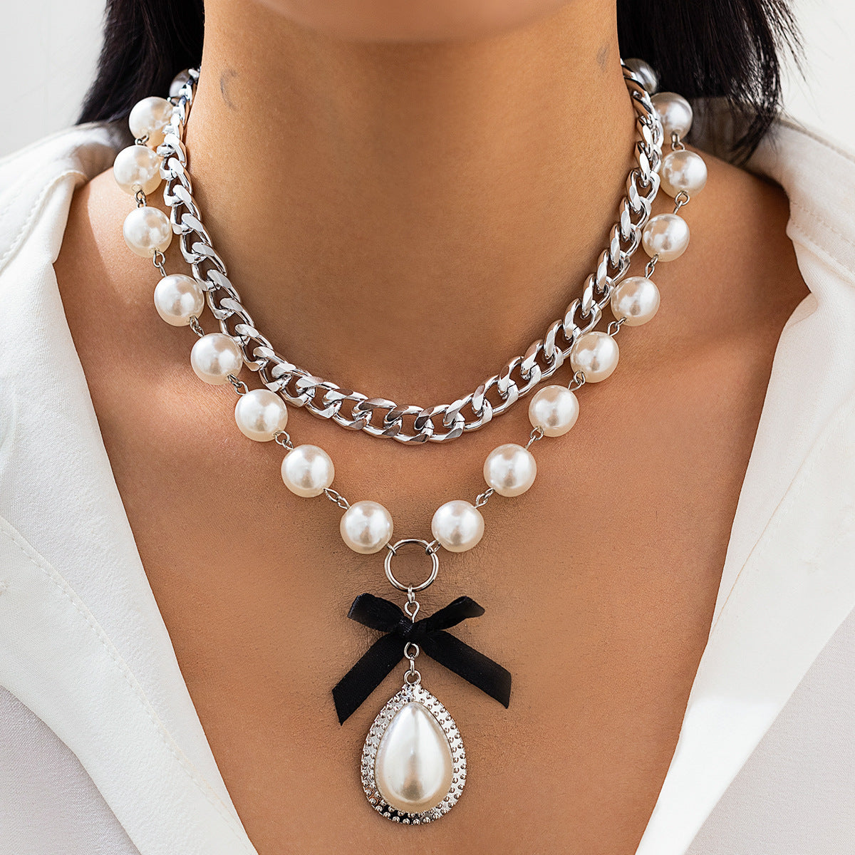 Fashionable alloy bead multi-layer necklace