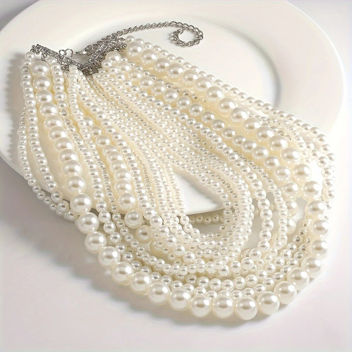 Exaggerated Elegent Multilayer Faux Pearl Crystal Necklace