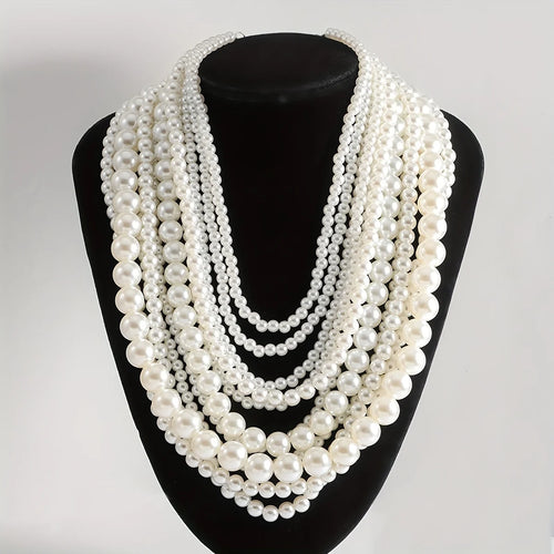 Exaggerated Elegent Multilayer Faux Pearl Crystal Necklace