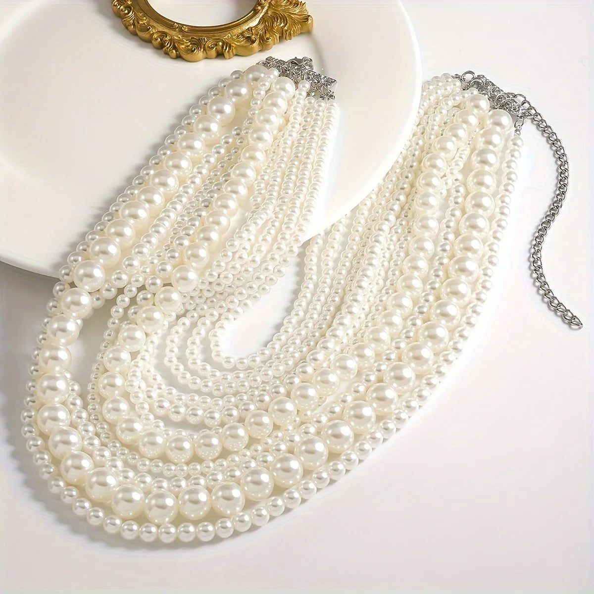Exaggerated Elegent Multilayer Faux Pearl Crystal Necklace