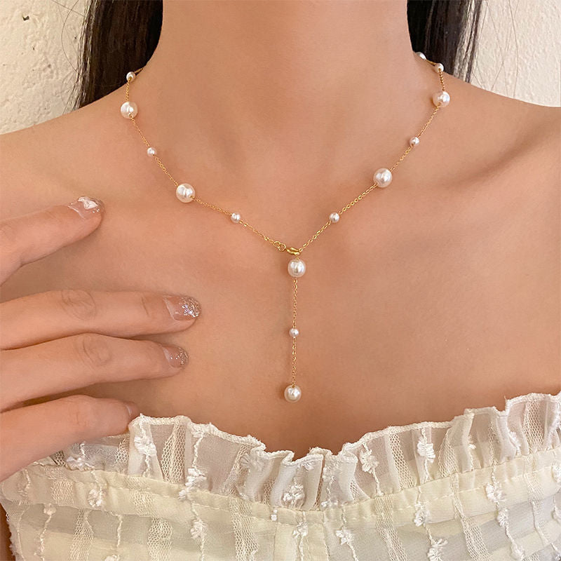 Women Elegant collarbone starry sky pearl simple tassel necklace