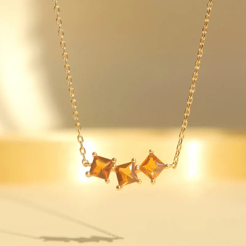 Silver Geometric Vintage Orange Square Zircon Pendant Necklace