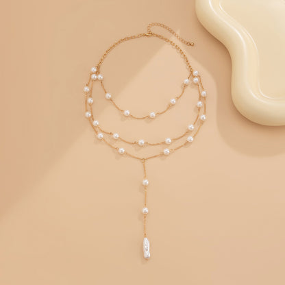 Fashionable pearl Y-shaped tassel necklace for women's business party, multi-layer necklace