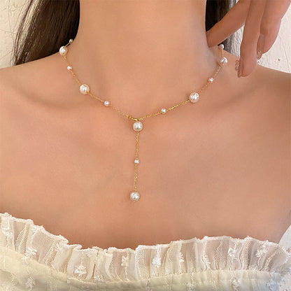 Women Elegant collarbone starry sky pearl simple tassel necklace