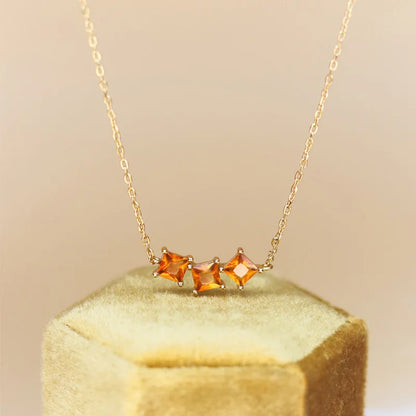 Silver Geometric Vintage Orange Square Zircon Pendant Necklace