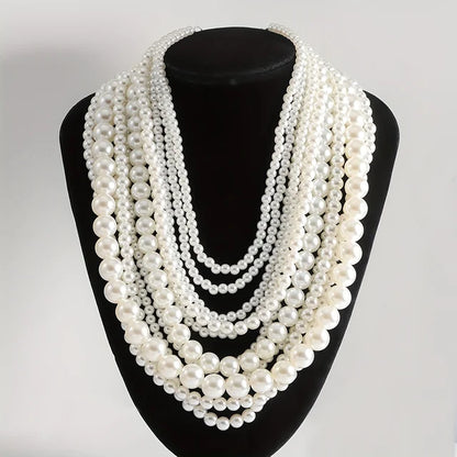Exaggerated Elegent Multilayer Faux Pearl Crystal Necklace
