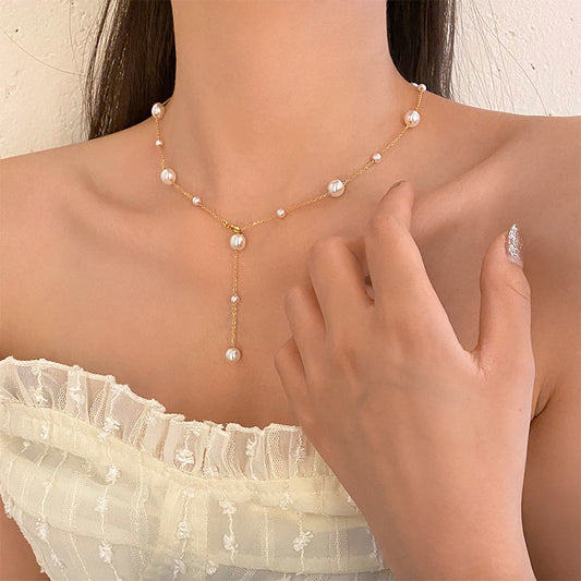 Women Elegant collarbone starry sky pearl simple tassel necklace