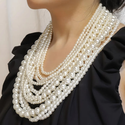 Exaggerated Elegent Multilayer Faux Pearl Crystal Necklace