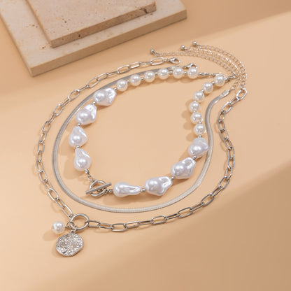 Pearl collarbone chain circular pendant multi-layer necklace