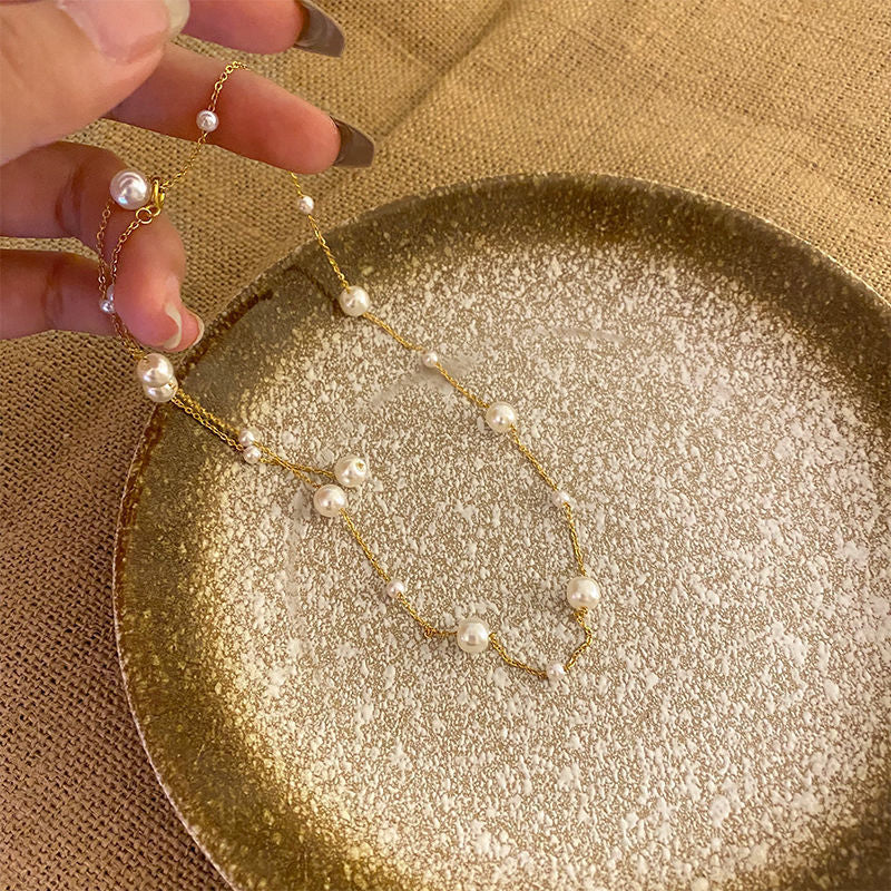 Women Elegant collarbone starry sky pearl simple tassel necklace