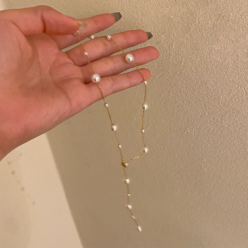 Women Elegant collarbone starry sky pearl simple tassel necklace