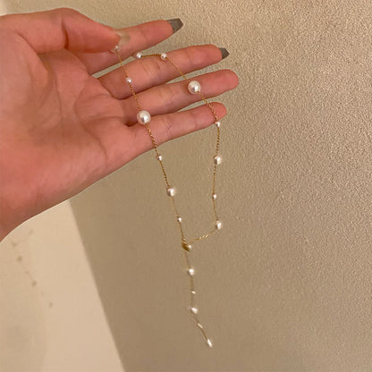 Women Elegant collarbone starry sky pearl simple tassel necklace