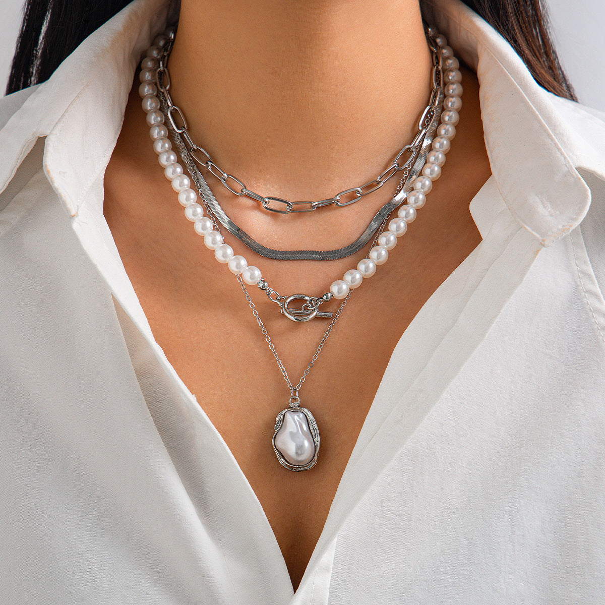 Irregular bead pearl multi-layer necklace