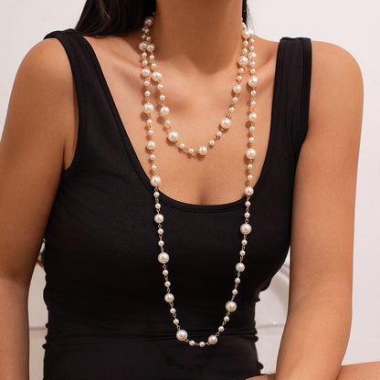 Personalized pearl round bead long chain necklace