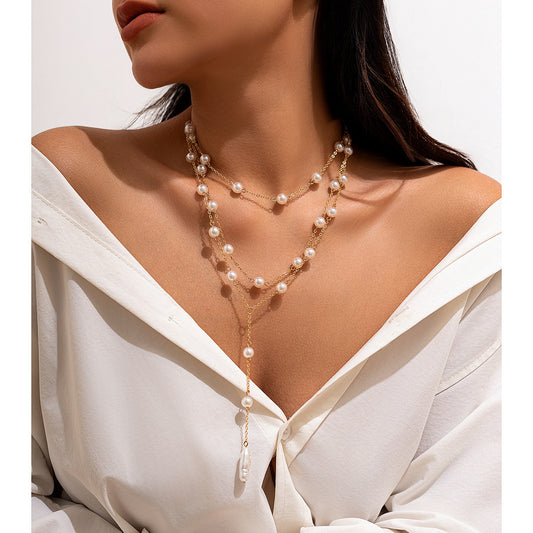 Fashionable pearl Y-shaped tassel necklace for women's business party, multi-layer necklace