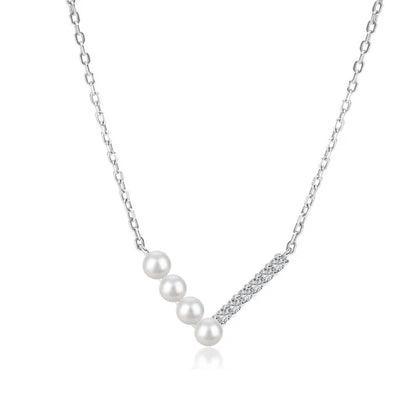 Silver V-shaped Pearl Zircon Necklace