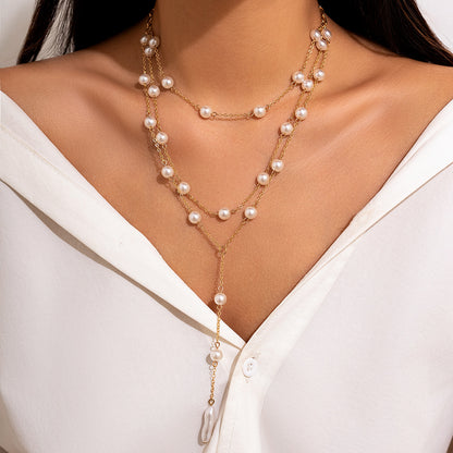 Fashionable pearl Y-shaped tassel necklace for women's business party, multi-layer necklace