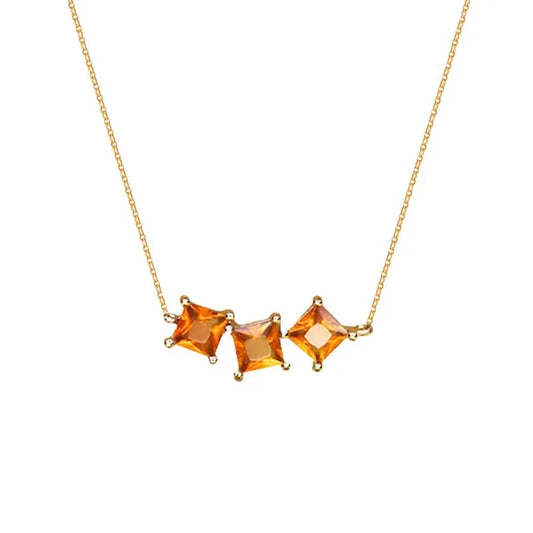 Silver Geometric Vintage Orange Square Zircon Pendant Necklace
