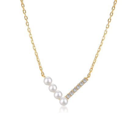 Silver V-shaped Pearl Zircon Necklace