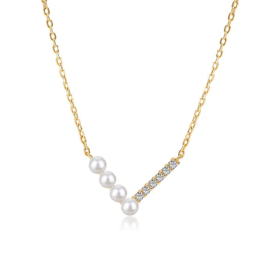 Silver V-shaped Pearl Zircon Necklace