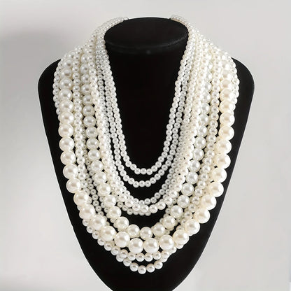 Exaggerated Elegent Multilayer Faux Pearl Crystal Necklace