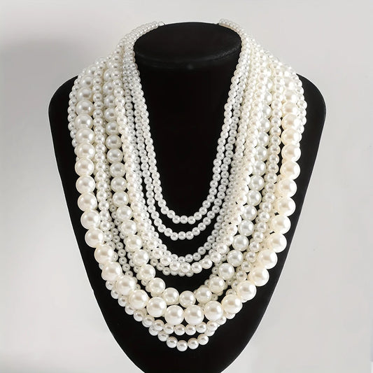 Exaggerated Elegent Multilayer Faux Pearl Crystal Necklace