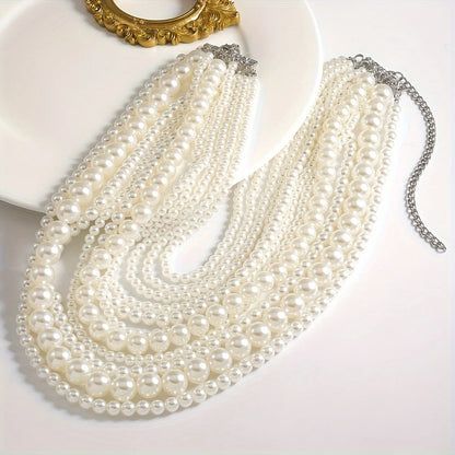 Exaggerated Elegent Multilayer Faux Pearl Crystal Necklace