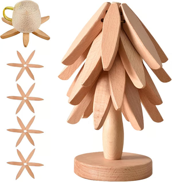 🔥Christmas Early Discount 49% Off✨Natural Tree Trivet Set - 4 Wooden Trivets & 1 Stand Like a Christmas Tree